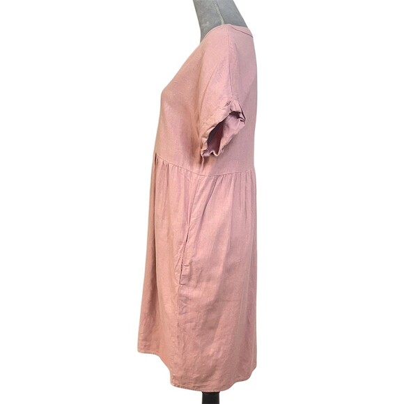 Women’s Linen Blend Midi Shift Dress M Pink V-Neck Pockets Spring Summer Beach - Picture 3 of 10